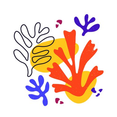 Estetik el yapımı, soyut yapraklar ve akışkan şekil formlarıyla çağdaş vektör bileşimi. Yaratıcı Matisse çiçek resimlerine ilham verdi. Çocuksu İskandinav arka planı, duvar kağıdı, baskı