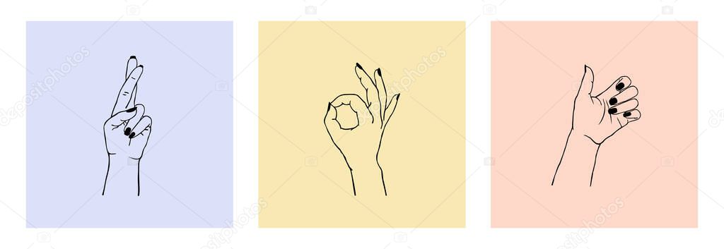 Vector set of female hands in different gestures: heart made with fingers, ok gesture, crossed fingers. Trendy cards design templates for logos or emblems