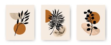 Soyut geometrik taş desenli modern estetik posterler ve bitkiler. Baskı, ev ve duvar dekorasyonu ve davetiyeler için çağdaş boho sanat arkaplanı