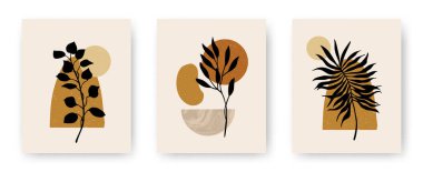 Soyut geometrik taş desenli modern estetik posterler ve bitkiler. Baskı, ev ve duvar dekorasyonu ve davetiyeler için çağdaş boho sanat arkaplanı