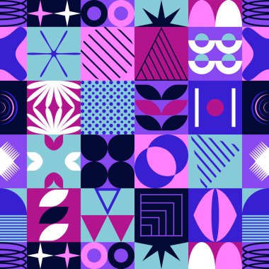 Soyut renkli, minimalist yamalı geometrik elementlerle vektörsüz desen. Çağdaş basit şekiller, kıvrımlar, çizgiler, zikzak. Poster yazdırma şablonu, web tasarımı, tekstil