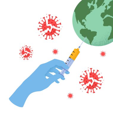 Şırınga yapan doktor elinin vektör çizimi, Dünya küresi ve beyaz arka planda izole edilmiş Coronavirus 'u yok etti. Aşı kavramı, bağışıklık sistemi, Covid-19 'a karşı savaş