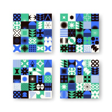 Soyut renkli minimalist yamalı geometrik elementlerle vektör seti. Çağdaş mozaik, basit şekiller, kıvrımlar, çizgiler, zikzak. Poster yazdırma şablonu, web tasarımı, tekstil, arkaplan