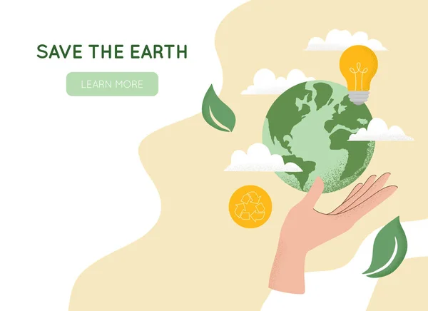 人手托着地球 循环图标 树叶和云彩的矢量图解 世界环境日的概念 拯救地球 可持续性 生态零废物生活方式 — 图库矢量图片