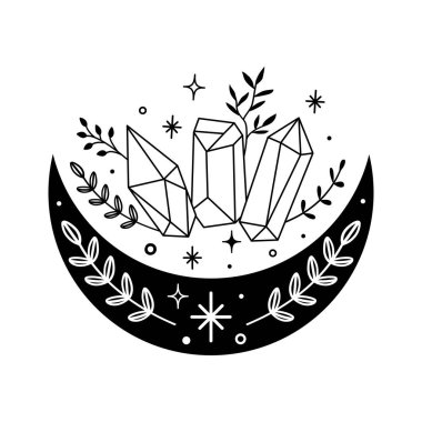 Beyaz arka planda izole edilmiş gök kristalleri, ay, yıldızlar ve çiçeklerle soyut sihirli bir illüstrasyon. Poster baskısı, moda, kumaş, tekstil, kağıt için Boho modası esrarengiz sembol
