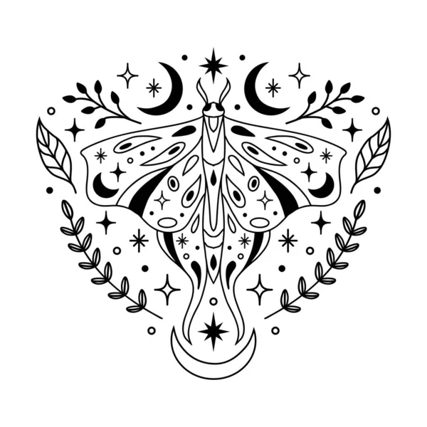 Illustration Magique Abstraite Vectorielle Avec Papillon Céleste Lune Étoiles Fleurs — Image vectorielle