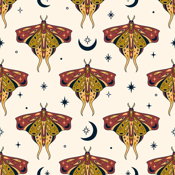 Vector Magic Celestial Seamless Pattern Moon Stars Mystic Moths Boho — Διανυσματικό Αρχείο