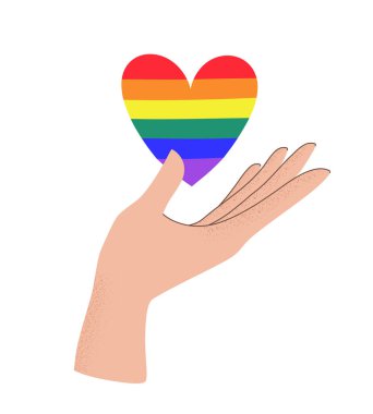 LGBTQ gökkuşağı kalp renginde el ele tutuşmanın vektör çizimi. Gurur, özgürlük, eşitlik, haklar, lezbiyen, eşcinsel, biseksüel, transseksüel aşk ve homoseksüellik kavramı. Tişört izi, amblem ya da logo