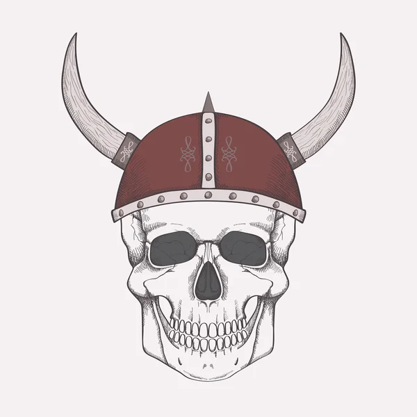 バイキングのヘルメットを身に着けている人間の頭蓋骨を持つベクトル図 — ストックベクタ