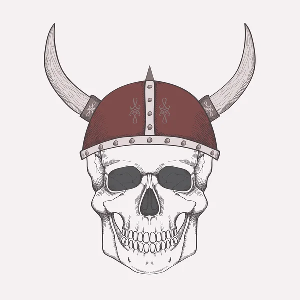 Ilustración vectorial con cráneo humano con casco vikingo — Vector de stock