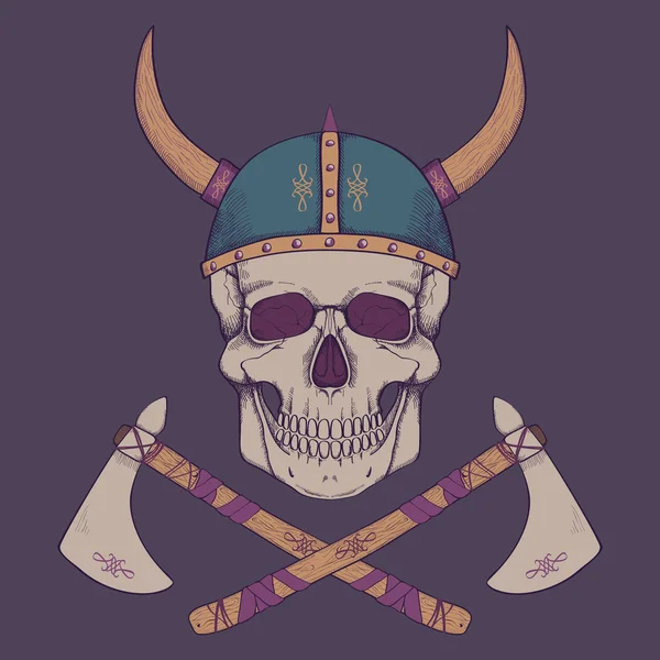 Wektorowych ilustracji z osi i ludzkiej czaszki sobie viking hel — Wektor stockowy