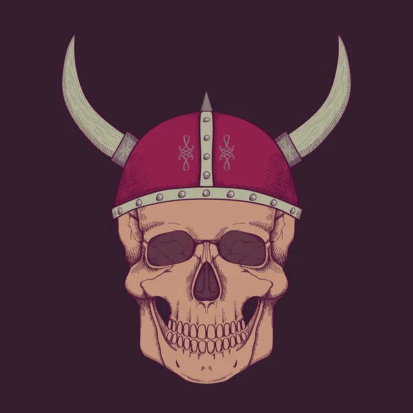 Ilustração vetorial com crânio humano usando capacete viking — Vetor de Stock