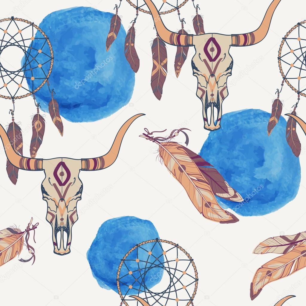 Vector seamless pattern with dream catcher, bull skull, feathers