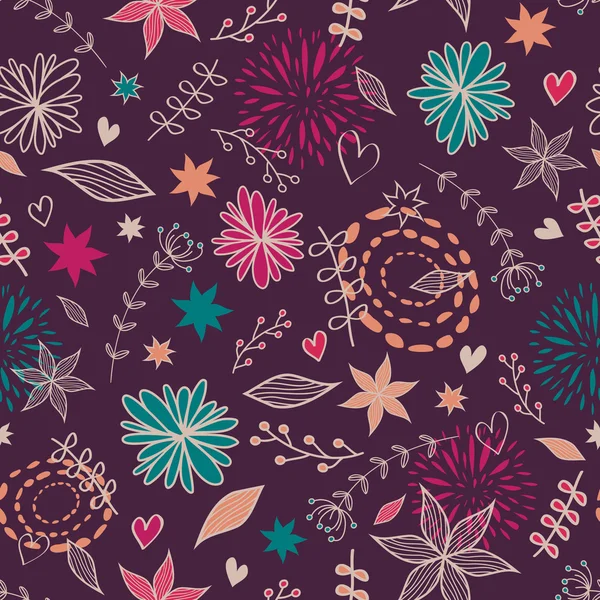 꽃, 잎, 마음 벡터 귀여운 원활한 꽃 패턴 — 스톡 벡터
