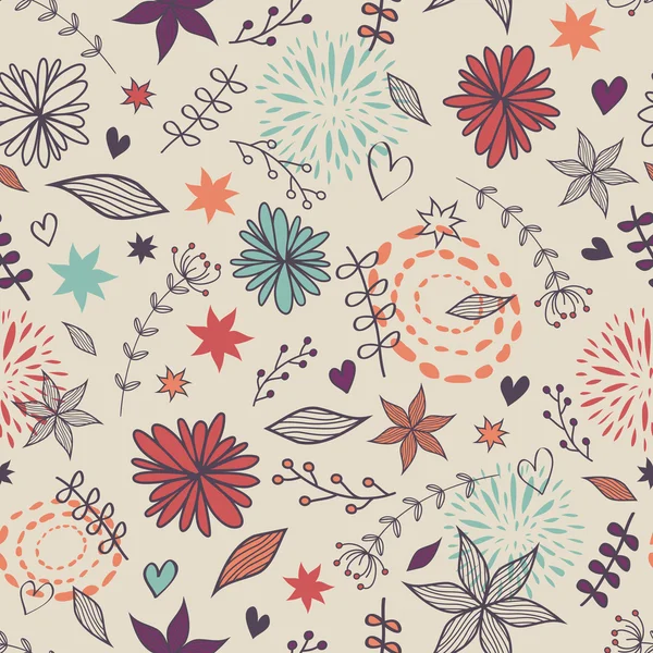 Vector cute seamless floral pattern with flowers, leaves, hearts — Stock Vector