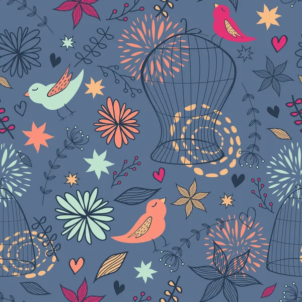 Vector cute seamless floral pattern with birds, cages, flowers, — Stock Vector