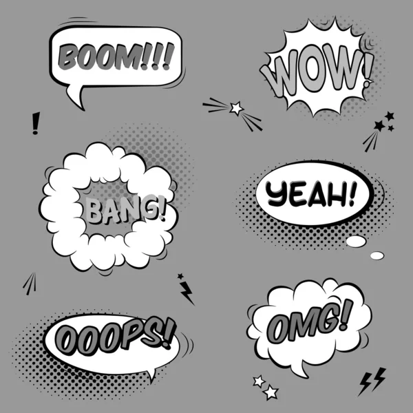 Vector black and white set with comic speech bubbles with sound — Stock Vector