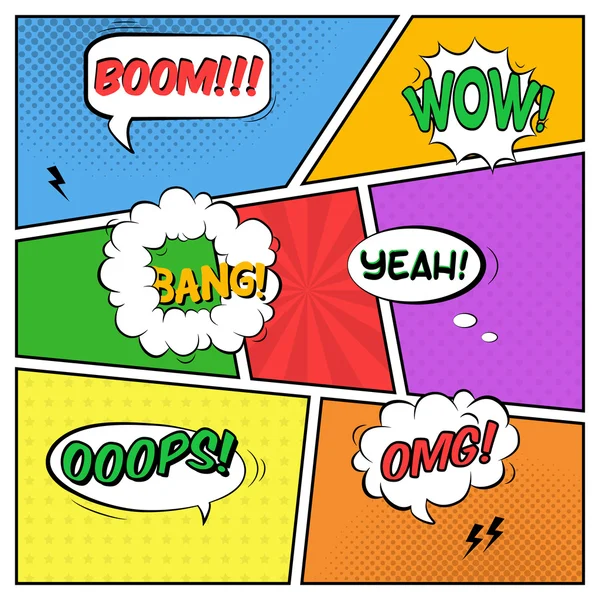 Modelo colorido vetorial da página de quadrinhos com vários discursos — Vetor de Stock