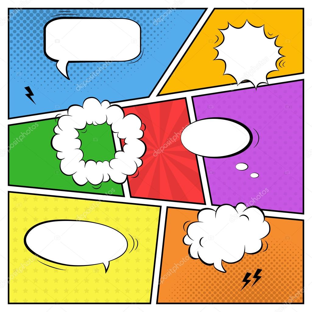 Vector colorful template of comic book page with various speech 