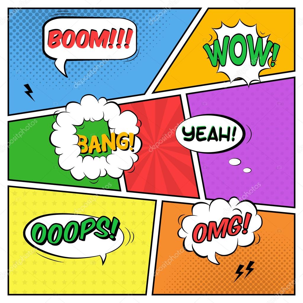 Vector colorful template of comic book page with various speech 