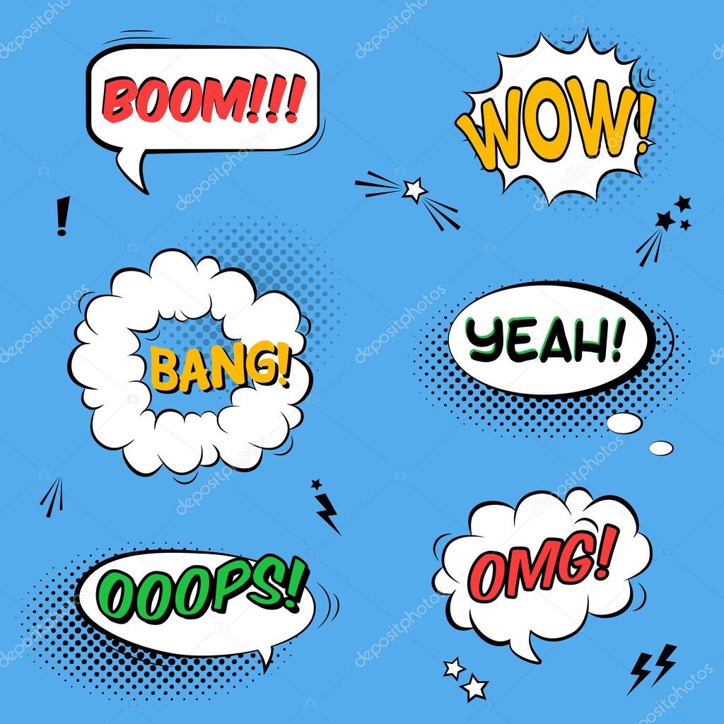 Vector set with comic speech bubbles with sound effects, stars a