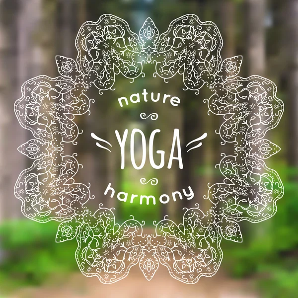 Vektör çizim mandala ve yoga etiketli bulanık doğa arka plan üzerinde. Poster olarak yoga sınıf veya Web sitesi için şablon için kullanılabilir.