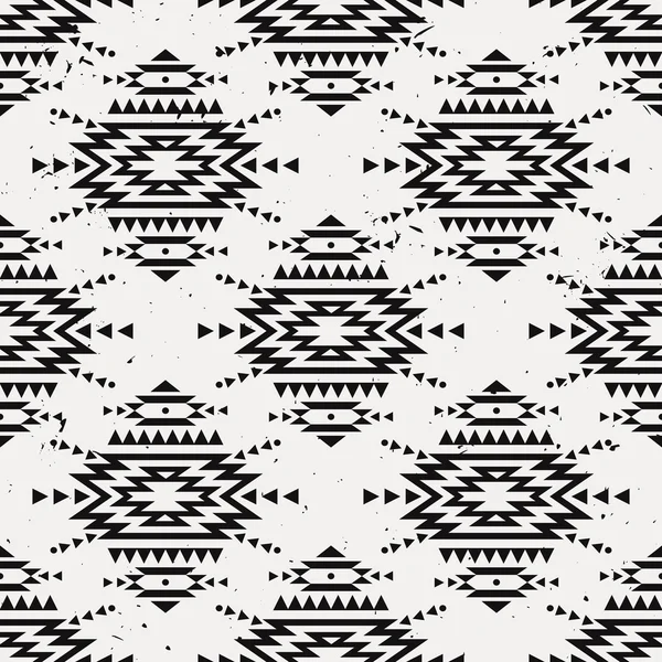 Vector grunge monochrome seamless decorative ethnic pattern. American indian motifs. Background with aztec tribal ornament. — Stok Vektör