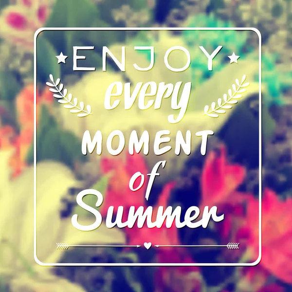 Vector background with blurred flowers, frame and text "Enjoy every moment of summer". Vintage design. — Stock Vector