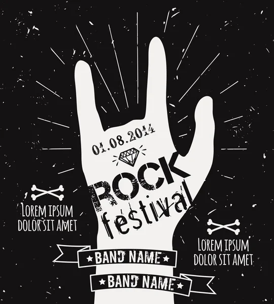 Etiqueta de mano vintage vectorial con elementos sunburst, diamante y tipografía. Cartel de rock and roll grunge. Plantilla de diseño del festival de rock con lugar para texto . — Vector de stock