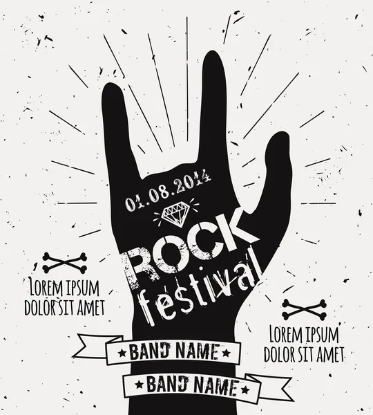 Vector Vintage Handetikett mit Sunburst, Diamanten und Typografie-Elementen. Grunge Rock and Roll Poster. Designvorlage für das Rockfestival mit Platz für Text. — Stockvektor
