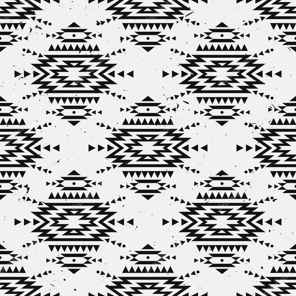Vector grunge monochrome seamless decorative ethnic pattern. American indian motifs. Background with aztec tribal ornament.