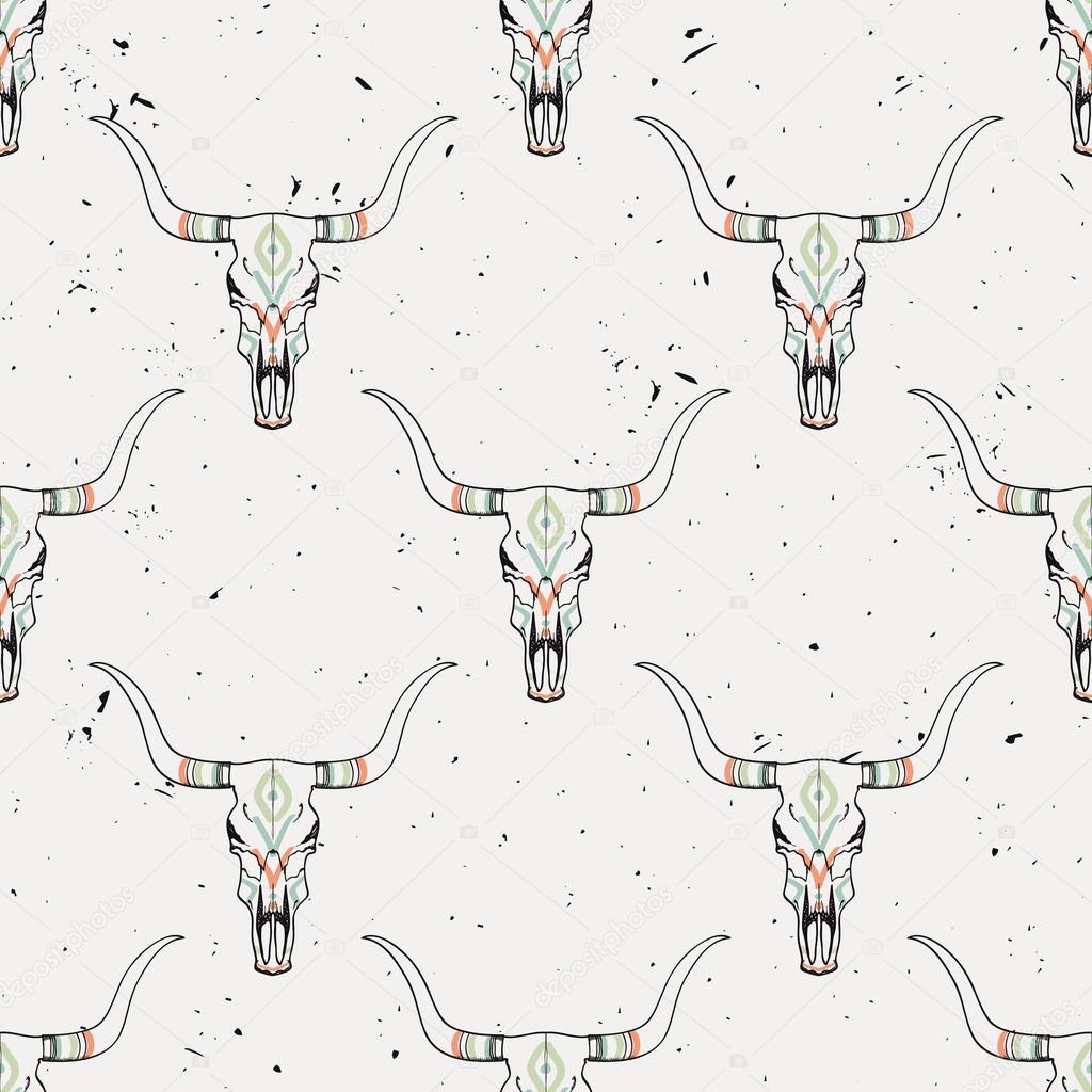 Vector grunge seamless pattern with bull skull and ethnic ornament