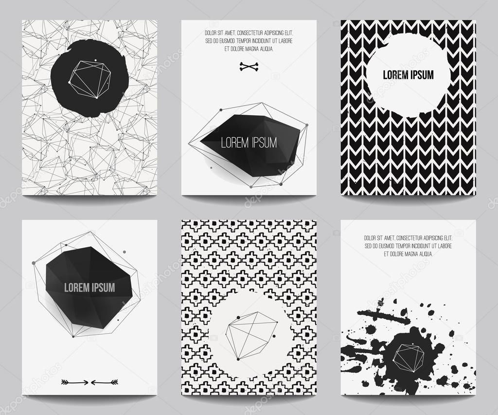 Vector set of modern posters with geometrical shapes and splashes. Trendy hipster style for flyers, banners, invitations, business contemporary design.