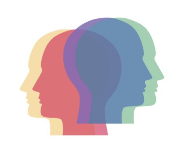 Canlı renkler ve çeşitlilik takım çalışmasını ve çoklu perspektif kavramını temsil eden insan kafa siluetlerini üst üste koyan renkli vektör çizimi