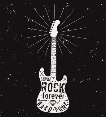 Vector vintage guitar label with sunburst, diamond, bones, arrows, stars and typography elements. Grunge rock and roll style. clipart