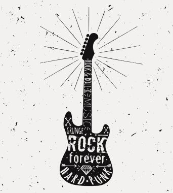 Vector vintage guitar label with sunburst, diamond, bones, arrows, stars and typography elements. Grunge rock and roll style. clipart