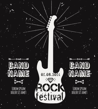 Vector vintage guitar label with sunburst, diamond and typography elements. Grunge rock and roll poster. Rock festival design template with place for text.