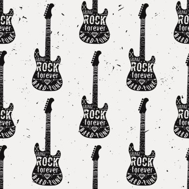 Vector vintage seamless pattern with guitar, diamond, bones, arrows, stars and typography elements. Grunge rock and roll style. clipart