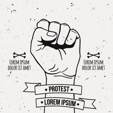 Vector monochrome illustration of clenched fist held high in protest with ribbon and place for text. Grunge poster.