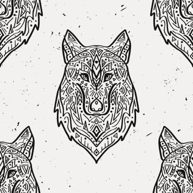 Vector grunge monochrome seamless pattern with tribal style wolf with ethnic ornaments. American indian motifs. Boho design.