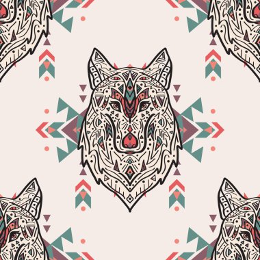 Vector grunge colorful seamless pattern with tribal style wolf with ethnic ornaments. American indian motifs. Boho design.