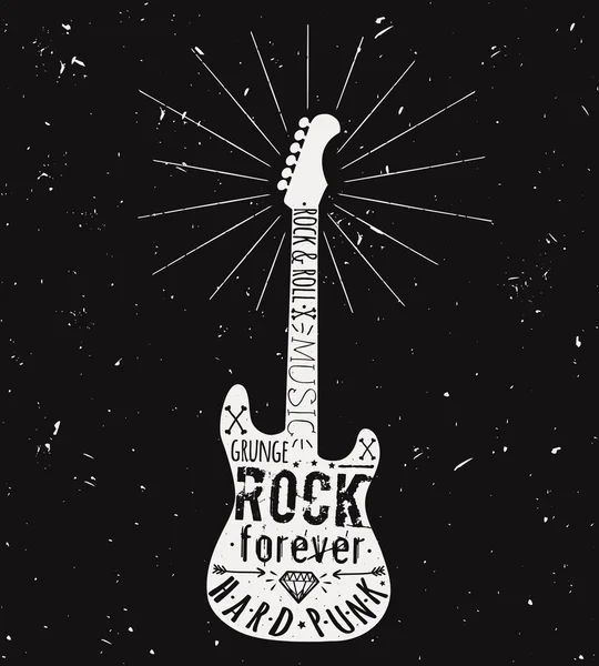 Vector vintage guitarra rótulo com sunburst, diamante, ossos, setas, estrelas e elementos de tipografia. Estilo grunge rock and roll . — Vetor de Stock