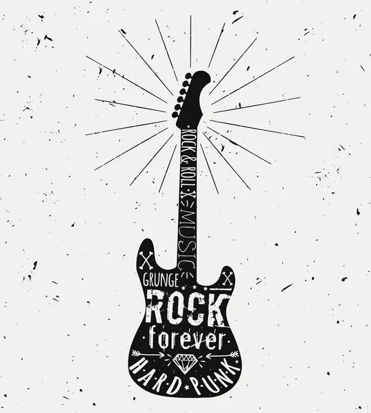 Etiqueta de guitarra Vector vintage con sunburst, diamante, huesos, flechas, estrellas y elementos tipográficos. Grunge rock and roll style . — Vector de stock