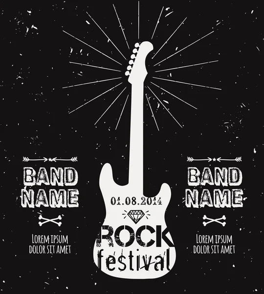 Etiqueta de guitarra vintage vectorial con elementos sunburst, diamante y tipografía. Cartel de rock and roll grunge. Plantilla de diseño del festival de rock con lugar para texto . — Vector de stock