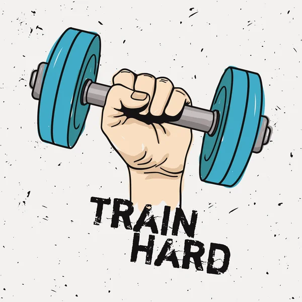 Vector grunge illustration of hand with dumbbell and motivational phrase "Train hard". Fitness background. — Stock Vector