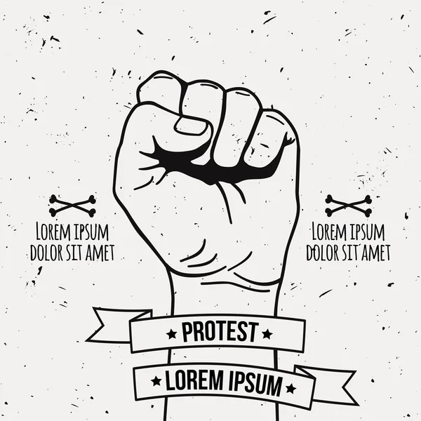 Vector monochrome illustration of clenched fist held high in protest with ribbon and place for text. Grunge poster. — Stok Vektör