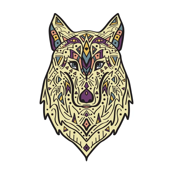 Vector colorful illustration of tribal style wolf with ethnic ornaments. American indian motifs. Totem tattoo. Boho design. — Stockový vektor