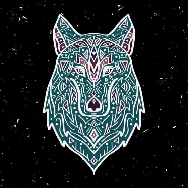 Vector colorful illustration of tribal style wolf with ethnic ornaments on black background. American indian motifs. Totem tattoo. Boho design. — Stockvector