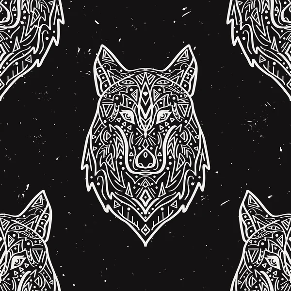 Vector grunge monochrome seamless pattern with tribal style wolf with ethnic ornaments. American indian motifs. Boho design. — Wektor stockowy
