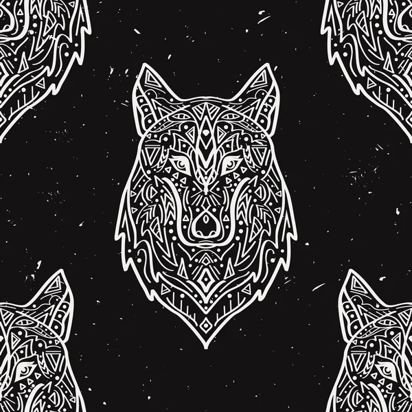 Vector Grunge monochromes, nahtloses Muster mit einem Wolf im Stammesstil mit ethnischen Ornamenten. Amerikanische Indianermotive. Boho-Design. — Stockvektor